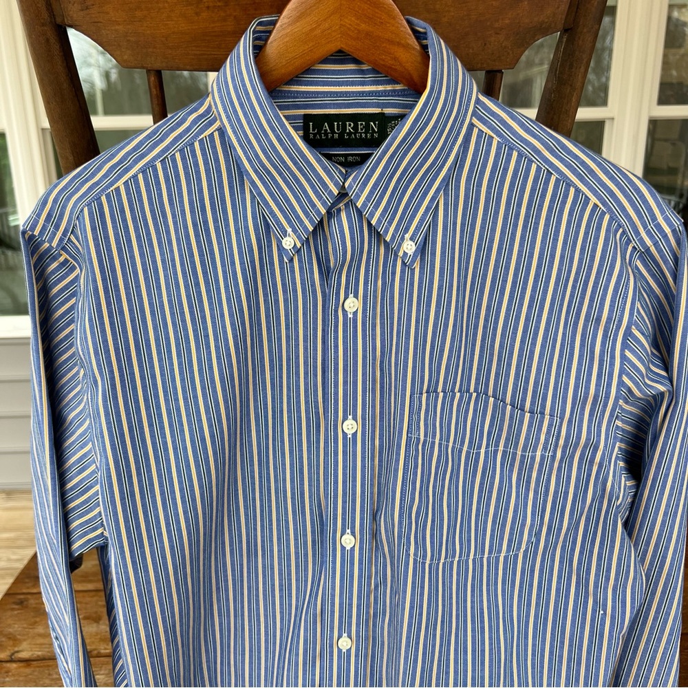 Lauren Ralph Lauren Blue Striped Mens Shirt Long Sleeve Button Cotton 15.5-34/35